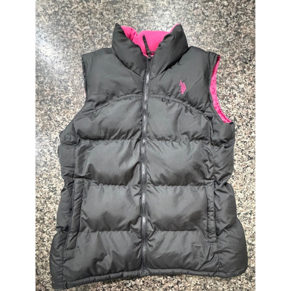 US Polo Assn Womens Puffer Vest Gray Pink Quilted Zip Up Sleeveless Jacket L